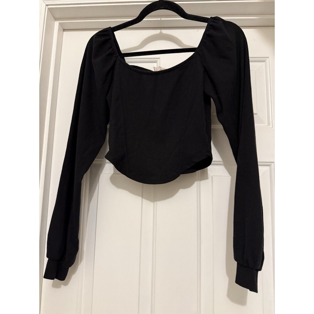 Altard State Black Long Sleeve Cropped Top M French Girl Chic Coquette Feminine